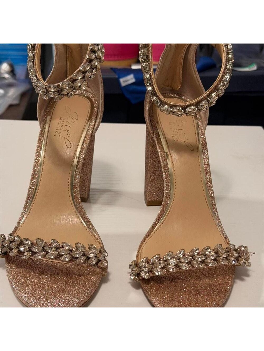Badgley Mischka Jewel Embellished Glitter Block Heels Size 7